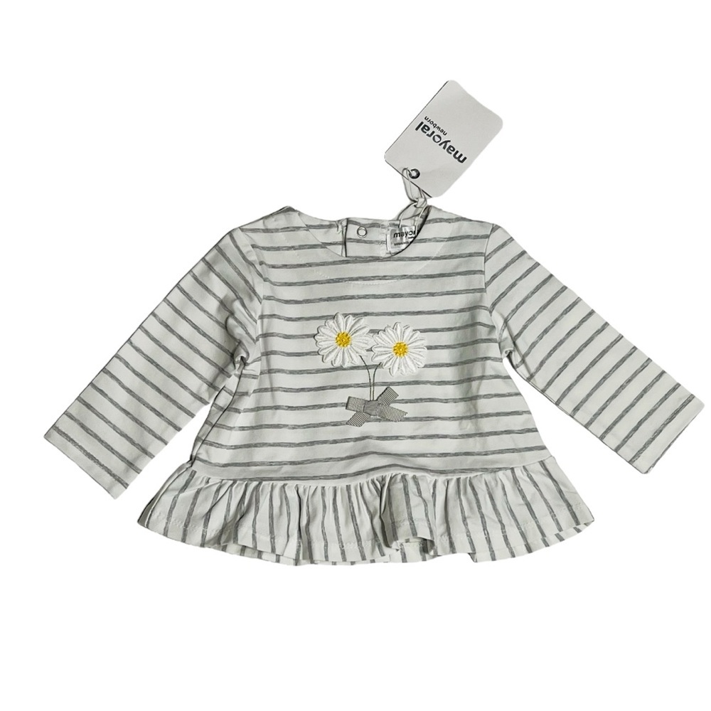 Mayoral Gray‎ Striped Long Sleeve with Floral Embroidery